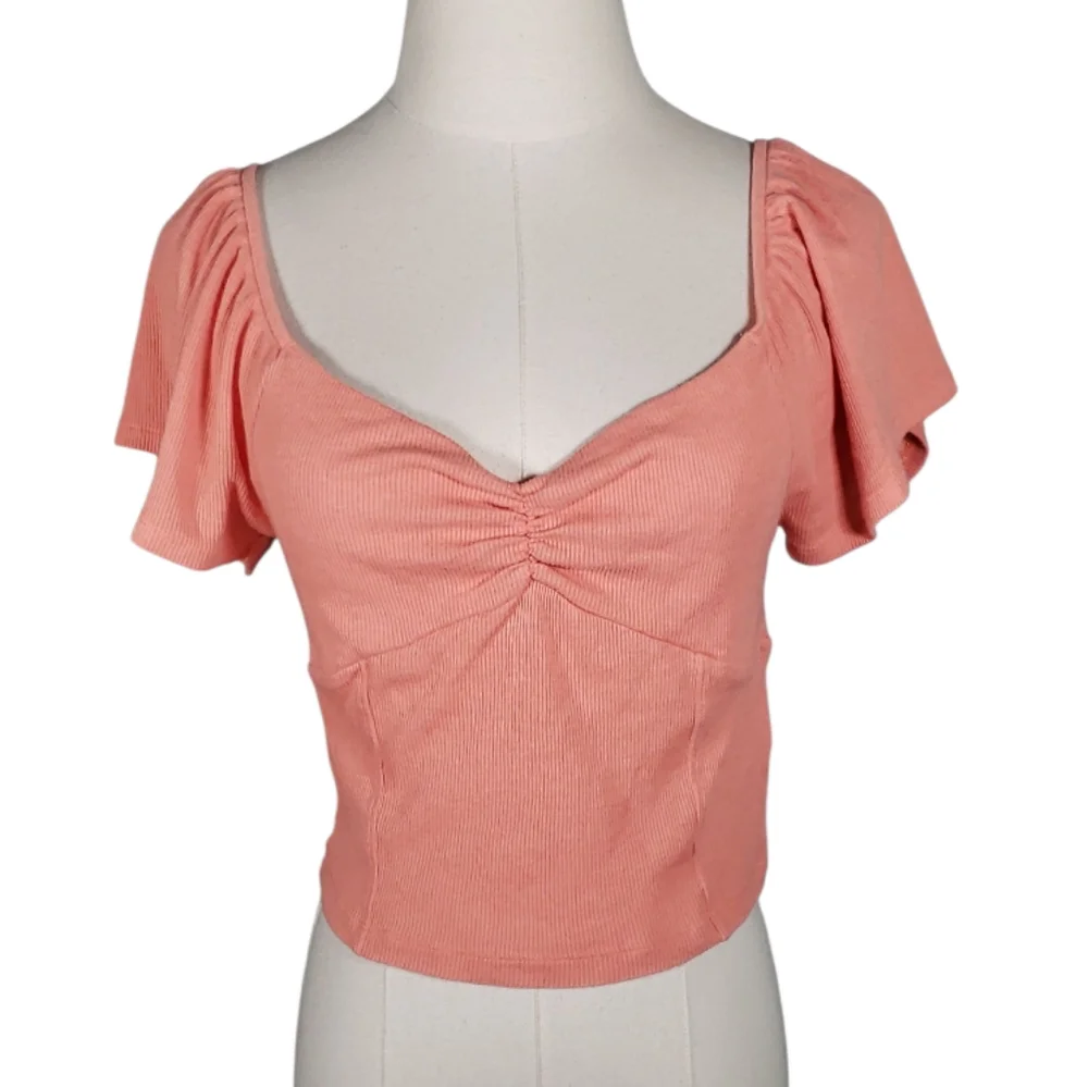 Vtg Open Coral Striped Cardigan Twin Set Matching AEO Cropped Babydoll Puff Slv